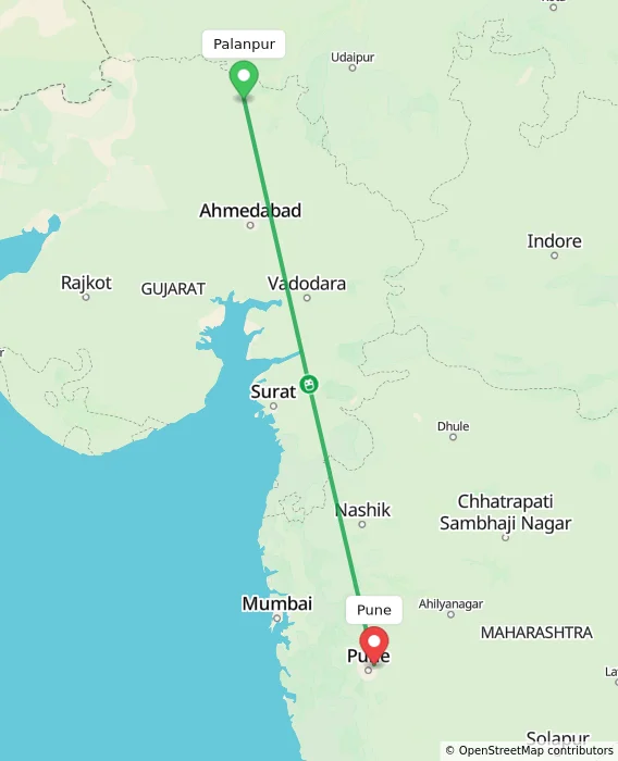Route map showing distance and travel time from Palanpur, India to Pune, India