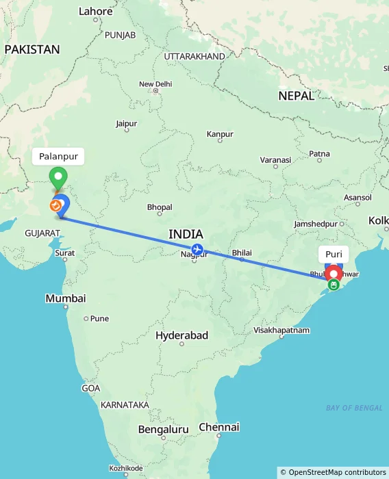 Route map showing distance and travel time from Palanpur, India to Puri, India