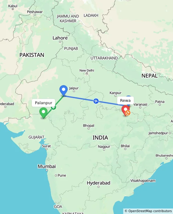 Route map showing distance and travel time from Palanpur, India to Rewa, India