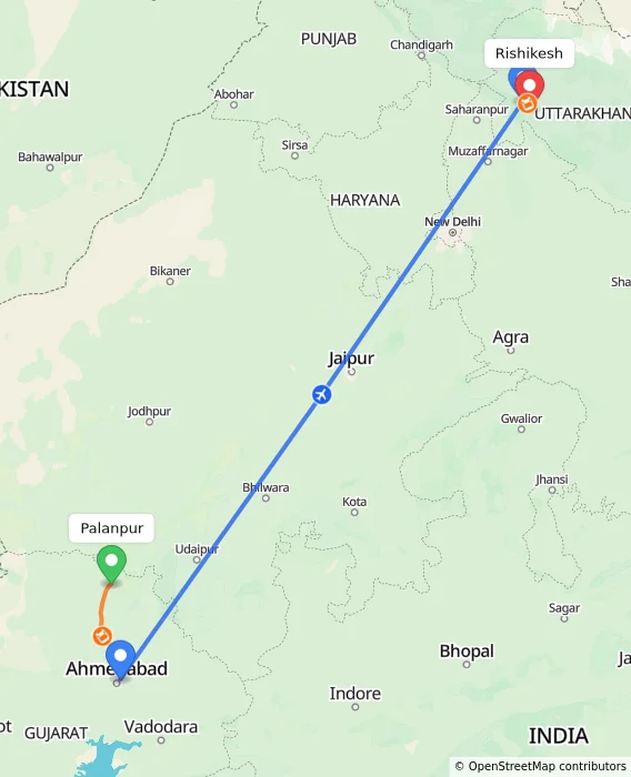 Route map showing distance and travel time from Palanpur, India to Rishikesh, India