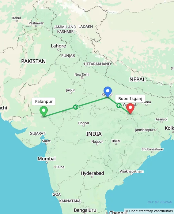 Route map showing distance and travel time from Palanpur, India to Robertsganj, India