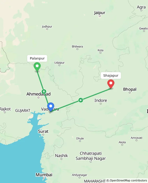 Route map showing distance and travel time from Palanpur, India to Shajapur, India