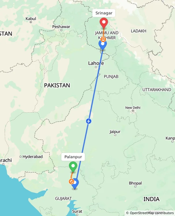 Route map showing distance and travel time from Palanpur, India to Srinagar, India
