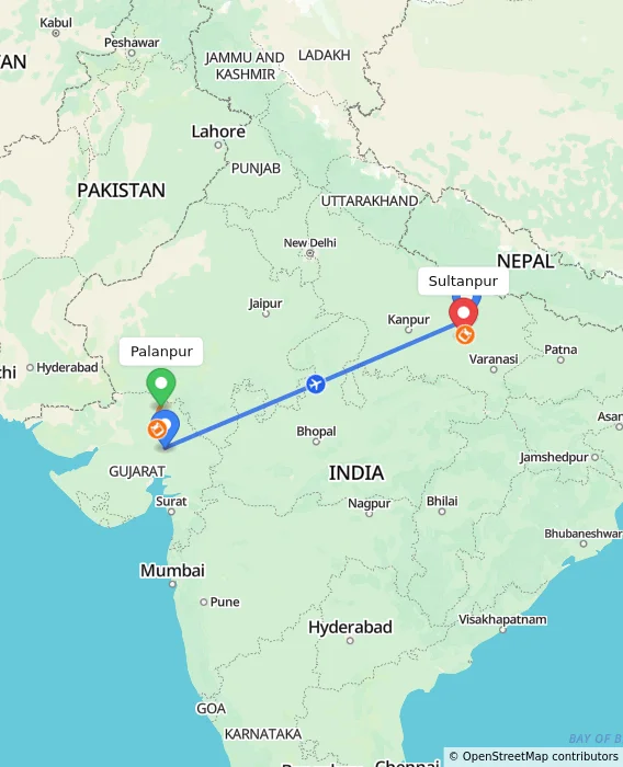 Route map showing distance and travel time from Palanpur, India to Sultanpur, India