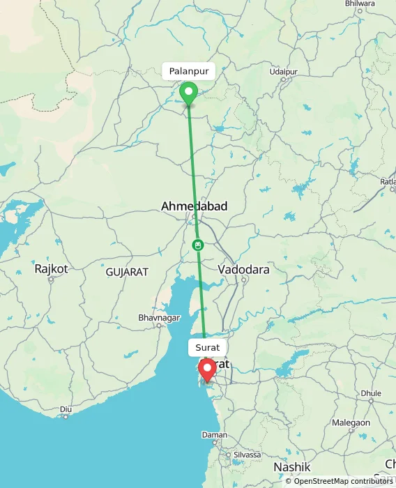 Route map showing distance and travel time from Palanpur, India to Surat, India