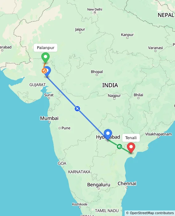 Route map showing distance and travel time from Palanpur, India to Tenali, India