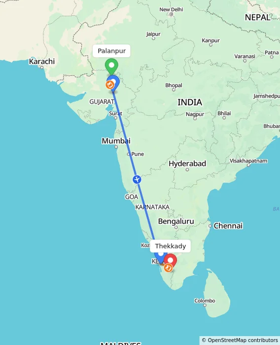 Route map showing distance and travel time from Palanpur, India to Thekkady, India