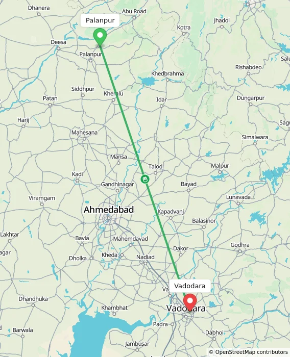 Route map showing distance and travel time from Palanpur, India to Vadodara, India