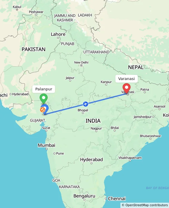 Route map showing distance and travel time from Palanpur, India to Varanasi, India