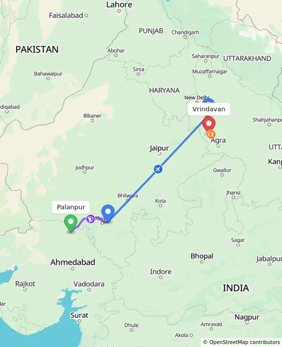 Route map showing distance and travel time from Palanpur, India to Vrindavan, India