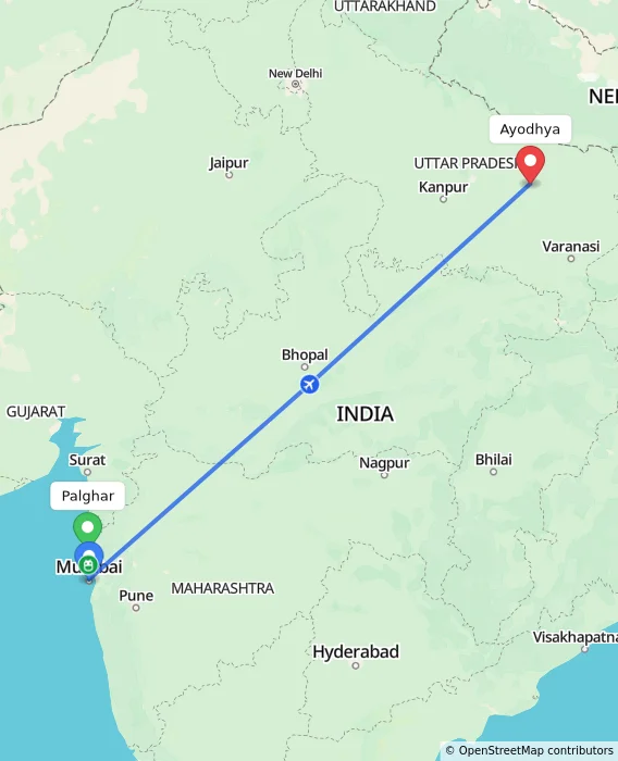 Route map showing distance and travel time from Palghar, India to Ayodhya, India