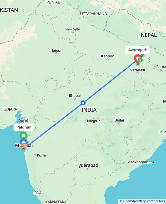 Route map showing distance and travel time from Palghar, India to Azamgarh, India