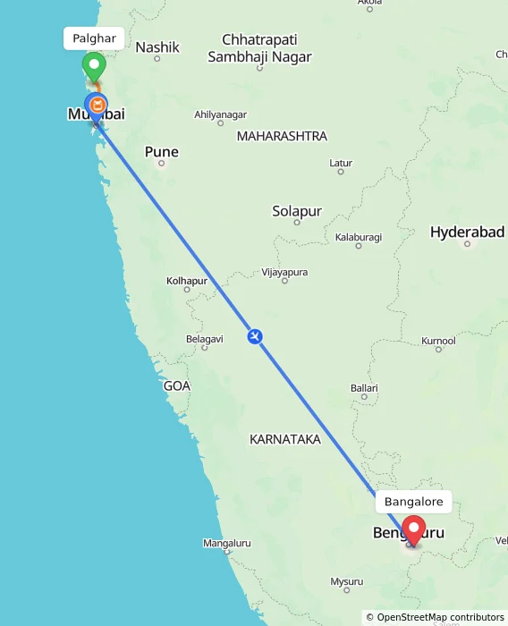 Route map showing distance and travel time from Palghar, India to Bangalore, India