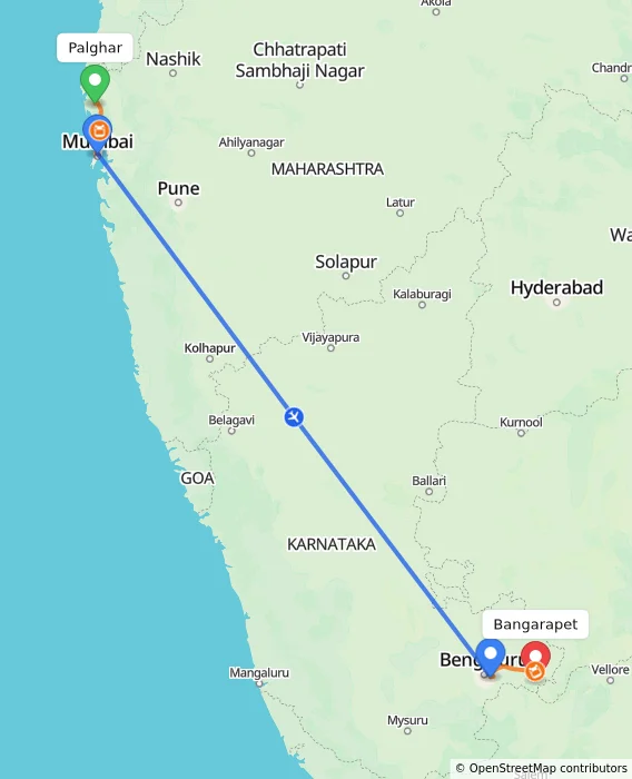 Route map showing distance and travel time from Palghar, India to Bangarapet, India