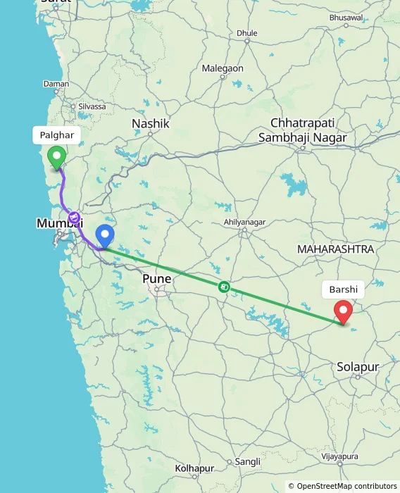 Route map showing distance and travel time from Palghar, India to Barshi, India