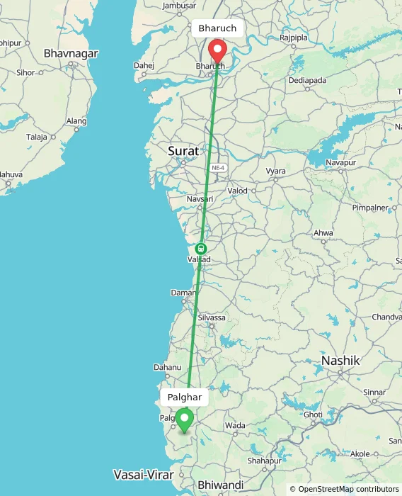 Route map showing distance and travel time from Palghar, India to Bharuch, India