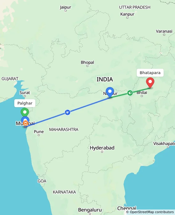 Route map showing distance and travel time from Palghar, India to Bhatapara, India