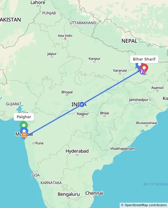 Route map showing distance and travel time from Palghar, India to Bihar Sharif, India