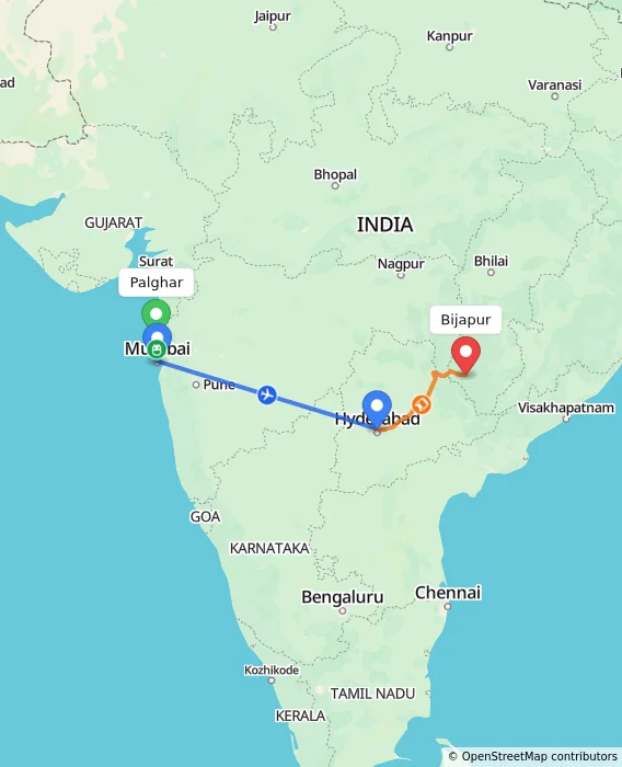 Route map showing distance and travel time from Palghar, India to Bijapur, India