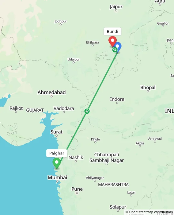 Route map showing distance and travel time from Palghar, India to Bundi, India