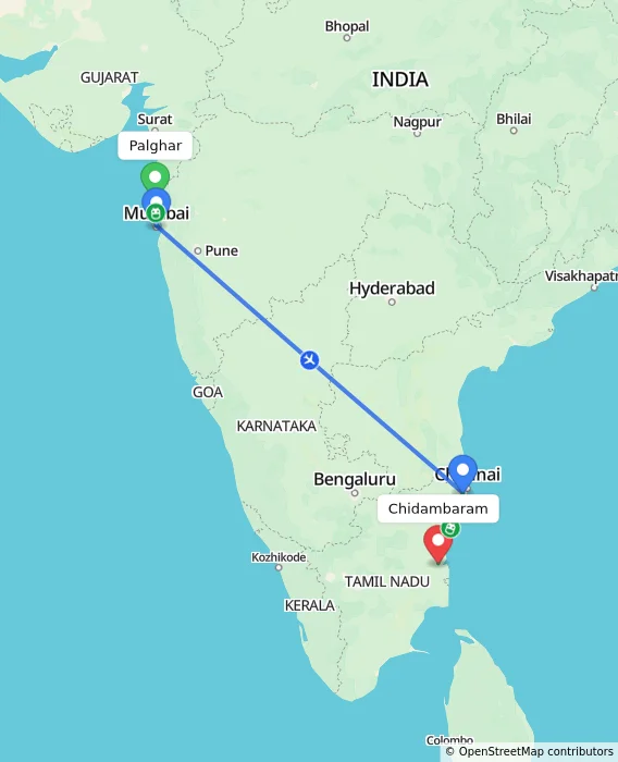 Route map showing distance and travel time from Palghar, India to Chidambaram, India