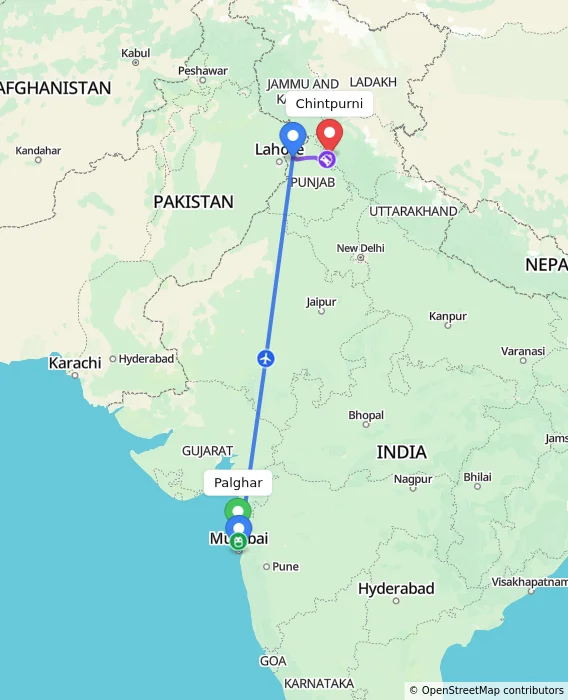 Route map showing distance and travel time from Palghar, India to Chintpurni, India