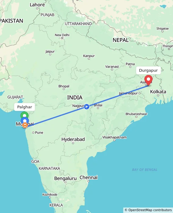 Route map showing distance and travel time from Palghar, India to Durgapur, India