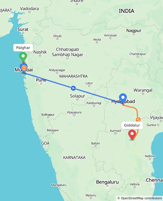 Route map showing distance and travel time from Palghar, India to Giddalur, India
