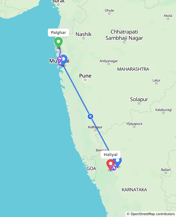 Route map showing distance and travel time from Palghar, India to Haliyal, India