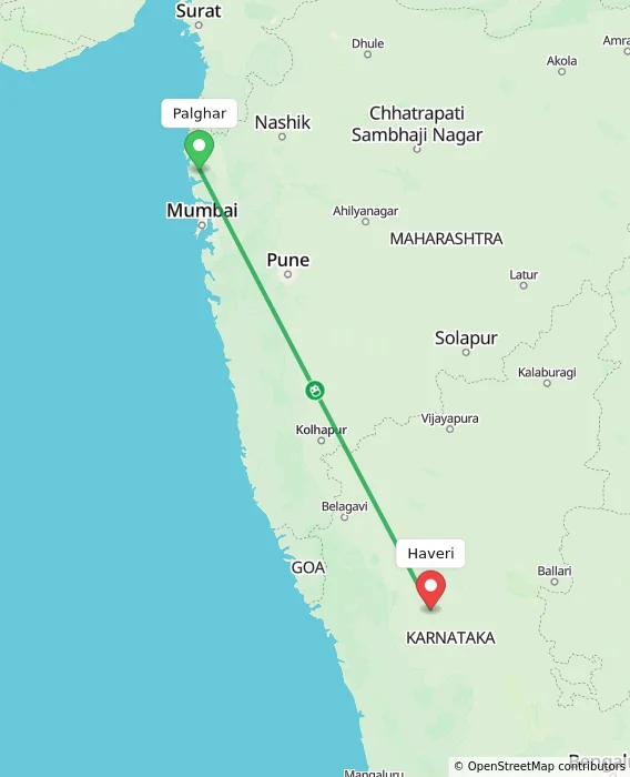 Route map showing distance and travel time from Palghar, India to Haveri, India