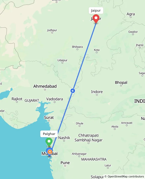 Route map showing distance and travel time from Palghar, India to Jaipur, India