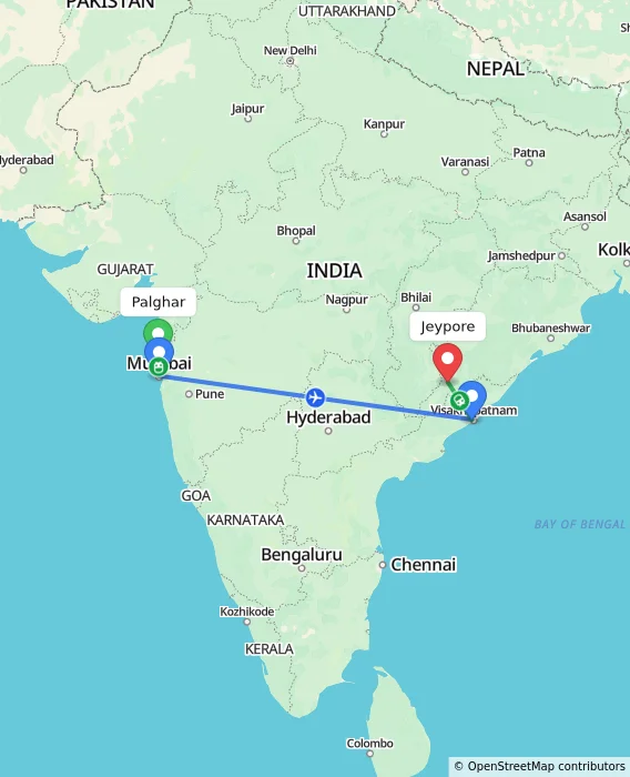 Route map showing distance and travel time from Palghar, India to Jeypore, India