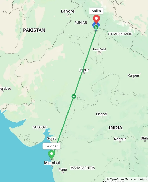 Route map showing distance and travel time from Palghar, India to Kalka, India
