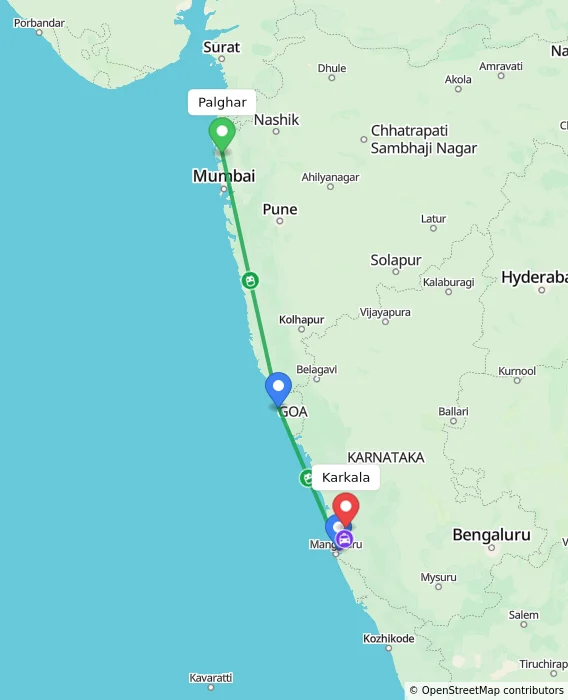 Route map showing distance and travel time from Palghar, India to Karkala, India