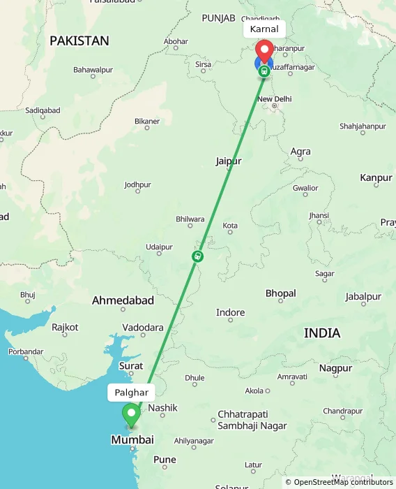 Route map showing distance and travel time from Palghar, India to Karnal, India