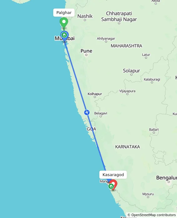 Route map showing distance and travel time from Palghar, India to Kasaragod, India