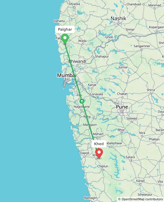 Route map showing distance and travel time from Palghar, India to Khed, India