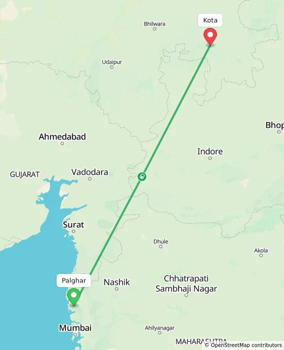 Route map showing distance and travel time from Palghar, India to Kota, India