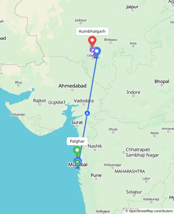 Route map showing distance and travel time from Palghar, India to Kumbhalgarh, India