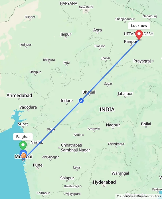 Route map showing distance and travel time from Palghar, India to Lucknow, India