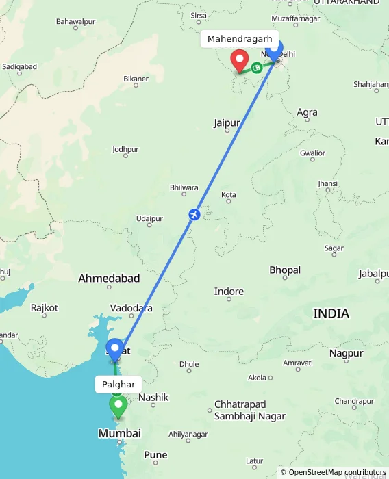 Route map showing distance and travel time from Palghar, India to Mahendragarh, India