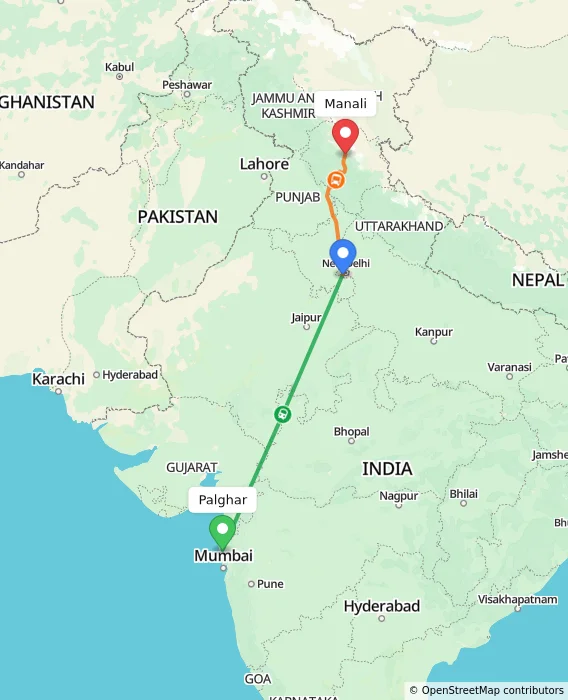 Route map showing distance and travel time from Palghar, India to Manali, India