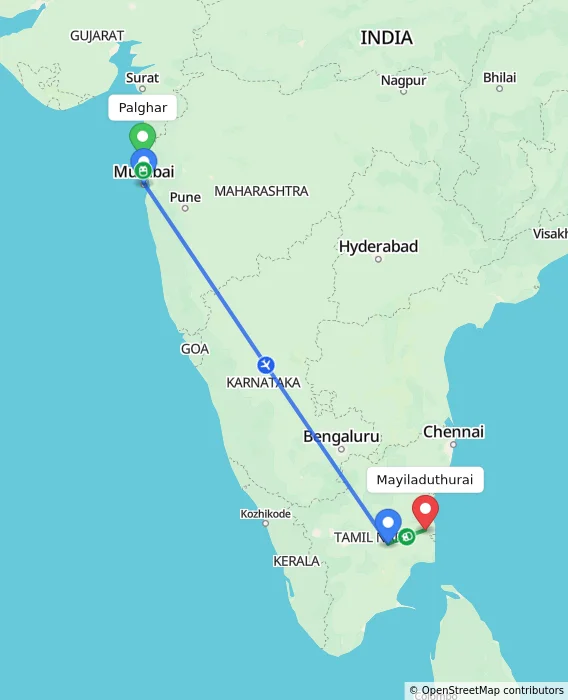 Route map showing distance and travel time from Palghar, India to Mayiladuthurai, India