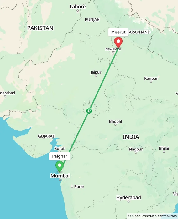 Route map showing distance and travel time from Palghar, India to Meerut, India