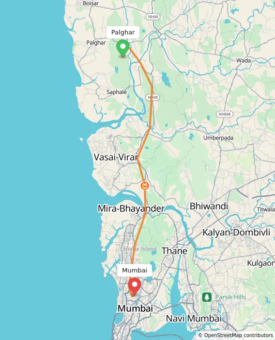Route map showing distance and travel time from Palghar, India to Mumbai, India