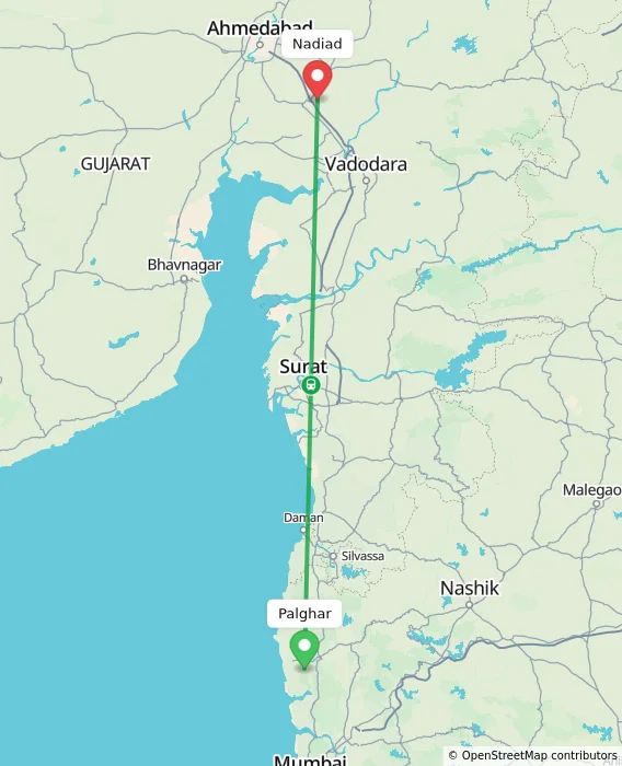 Route map showing distance and travel time from Palghar, India to Nadiad, India