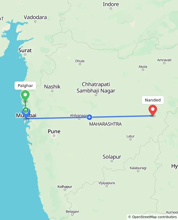 Route map showing distance and travel time from Palghar, India to Nanded, India