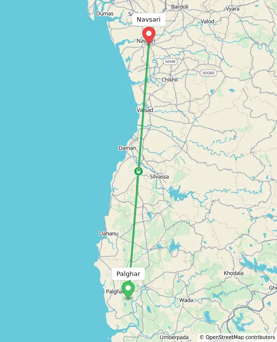 Route map showing distance and travel time from Palghar, India to Navsari, India