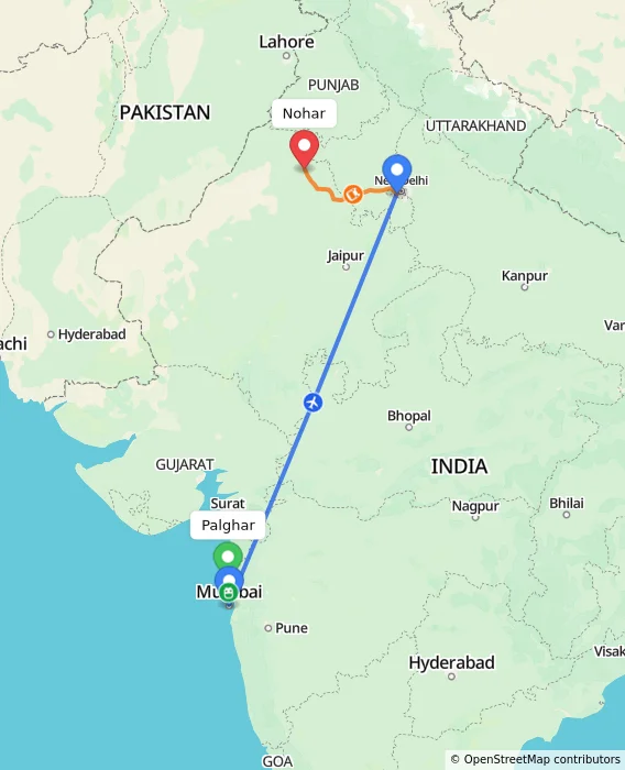 Route map showing distance and travel time from Palghar, India to Nohar, India