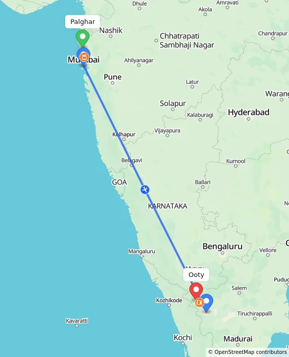 Route map showing distance and travel time from Palghar, India to Ooty, India